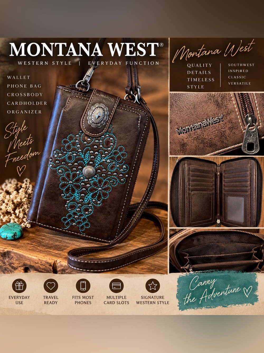 Montana West Western Crossbody Wallet Turquoise Embroidered Concho Brown